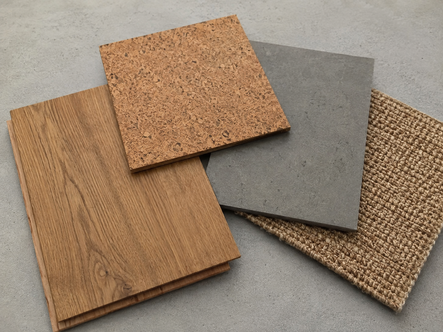 Muster von Parkett, Kork, Linoleum und einem Naturfaser-Bodenbelag